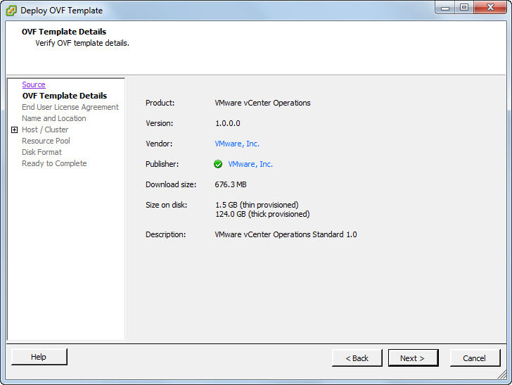 After installing vCenter Operations, I selected Deploy OVF Template with all the defaults in place.