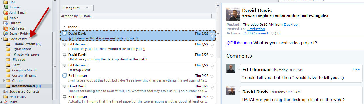 Socialcast allows for integration directly into Outlook via an add-in.