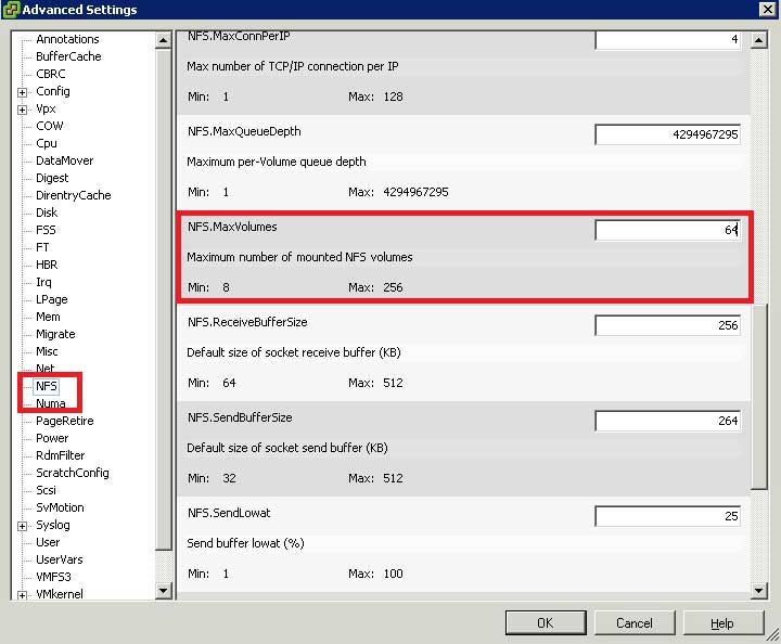 The advanced software configuration allows the number of NFS datastores to be set.