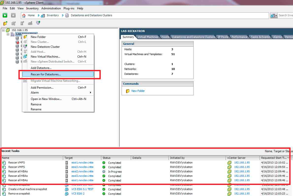 Rescanning all datastores is as simple as right-clicking from the right view.