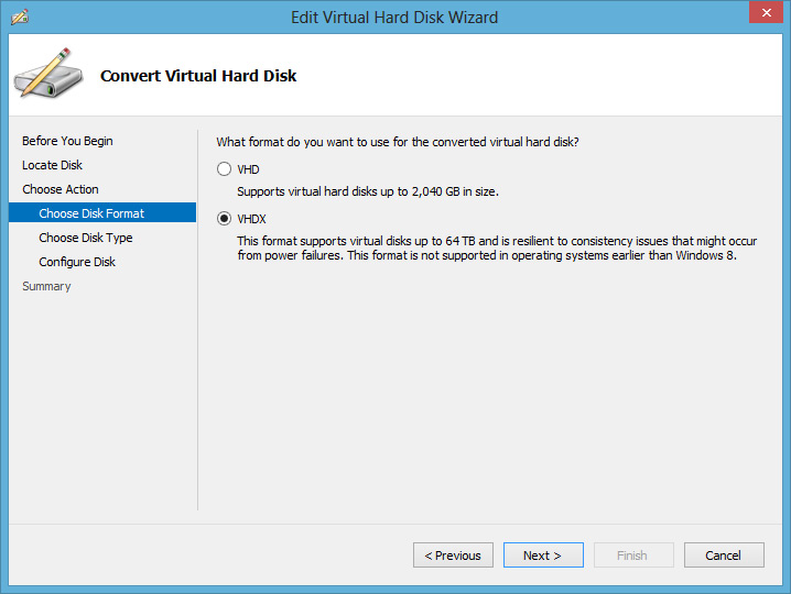 Select VHDX file format