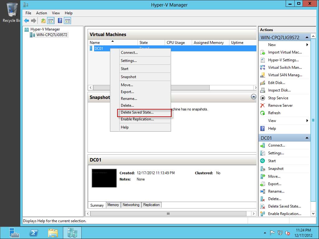 Delete Saved State command in Hyper-V