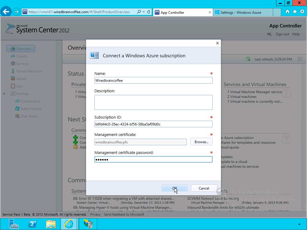 Almost done connecting Azure and App Controller.