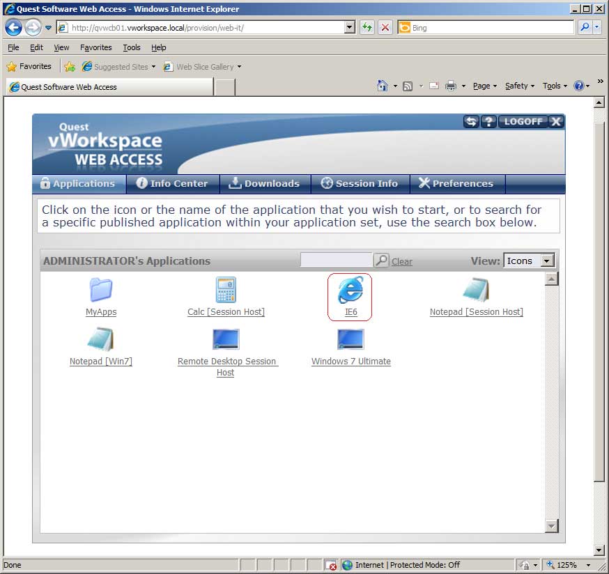IE 6 running in IE 8 via vWorkSpace Web Access.